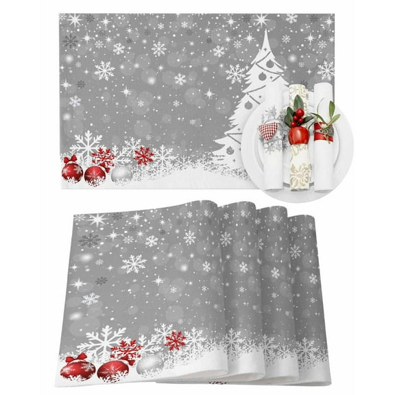 Christmas Placemats Set of 4, Christmas Tree Balls Place Mats Grey Winter Snowflake Placemat Table Decoration for Kitchen Table Dinner Xmas Holiday Party Home Decor Indoor Outdoor 13x19 Inch