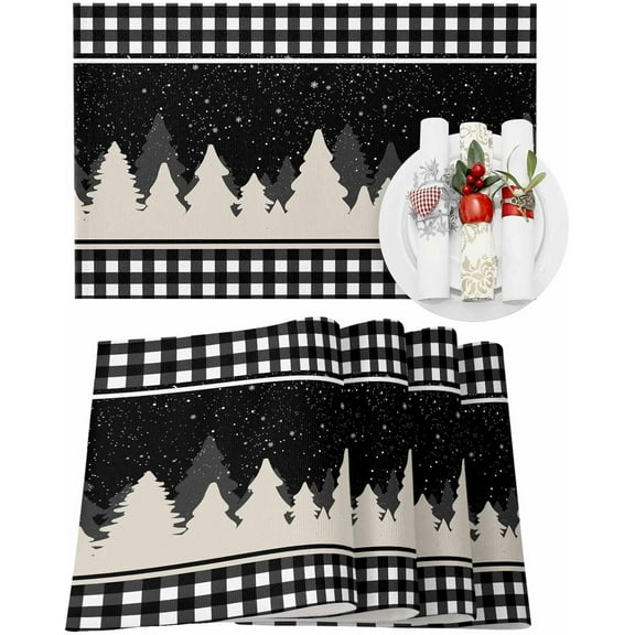 Christmas Placemats Set of 4 Christmas Tree Snowflake Christmas Placemats for Dining Table Black and White Plaid Table Mat Winter Holiday Home Party Kitchen Table Decorations