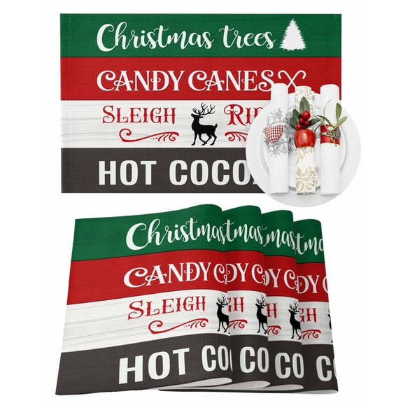 Christmas Placemats Set of 4, Christmas Trees Candy Cane Place Mats Elk Hot Cocoa Wood Grain Placemat Table Decoration for Kitchen Table Dinner Xmas Holiday Party Decor Indoor Outdoor 13x19 Inch