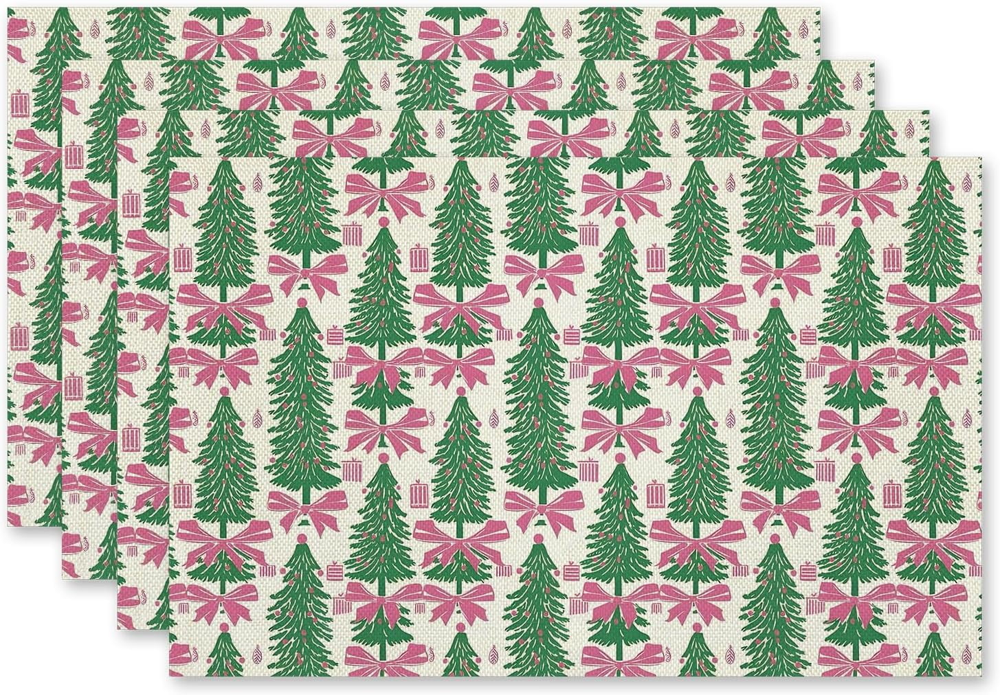 Christmas Placemats Set Of Coquette Pink Bow Green Christmas Tree