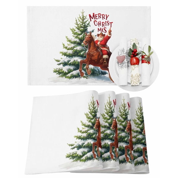 Christmas Placemats Set of 4, Cowboy Santa Riding Horse Place Mats Christmas Tree Placemat Table Decoration for Kitchen Table Dinner Xmas Holiday Party Home Decor Indoor Outdoor 13x19 Inch