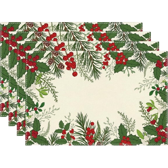 Christmas Placemats Set of 4, Elegant Pinecone Design 12x18 Inch Linen Table Placemats for Christmas Dinner Party Holiday Home Kitchen Dining Table Decorations