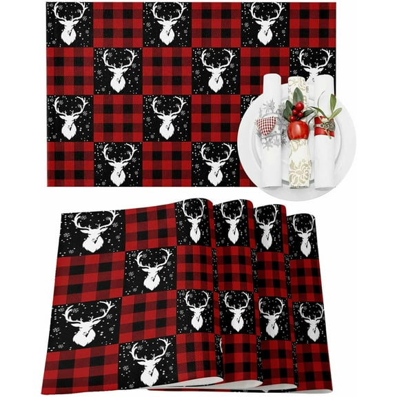 Christmas Placemats Set of 4 Elk Deer Snowflake Christmas Placemats for Dining Table Red Black Buffalo Plaid Check Table Mat Winter Holiday Home Party Kitchen Table Decorations