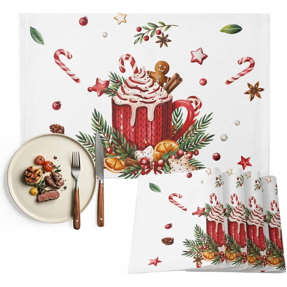 Christmas Placemats Set of 4 Gingerbread Candy Cane Christmas Placemats for Dining Table Hot Coco Xmas Ball Table Mat Winter Holiday Home Party Kitchen Table Decorations
