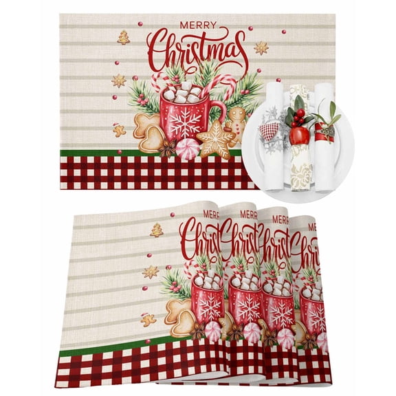 Christmas Placemats Set of 4, Gingerbread Hot Cocoa Place Mats Pine Needles Buffalo Plaid Placemat Table Decoration for Kitchen Table Dinner Xmas Holiday Party Home Decor Indoor Outdoor 13x19 Inch