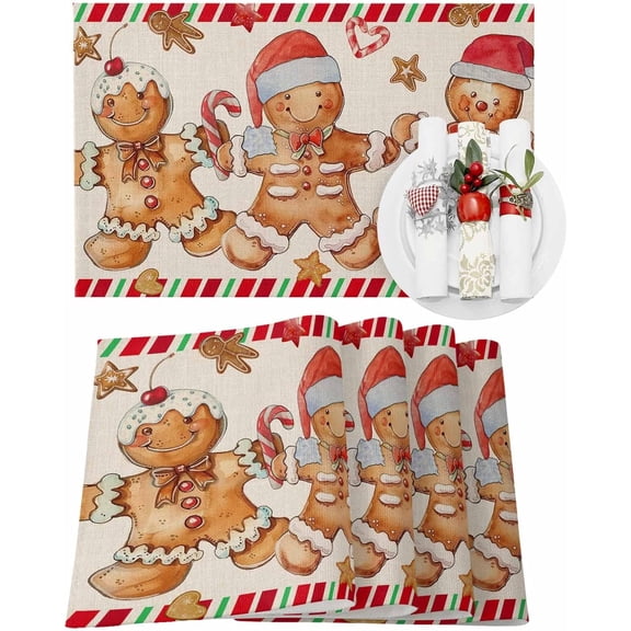 Christmas Placemats Set of 4 Gingerbread Man Place Mats Candy Cane Linen Red Stripes Table Mats for Dining Kitchen Table Winter Holiday Dinner Party Home Xmas Decorations 13x19 Inch