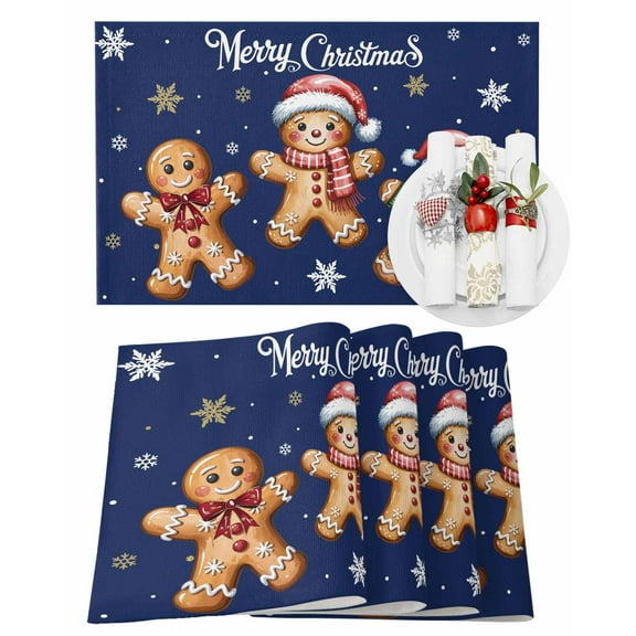 Christmas Placemats Set of 4, Gingerbread Man Place Mats Navy Blue Winter Snowflake Placemat Table Decoration for Kitchen Table Dinner Xmas Holiday Party Home Decor Indoor Outdoor 13x19 Inch