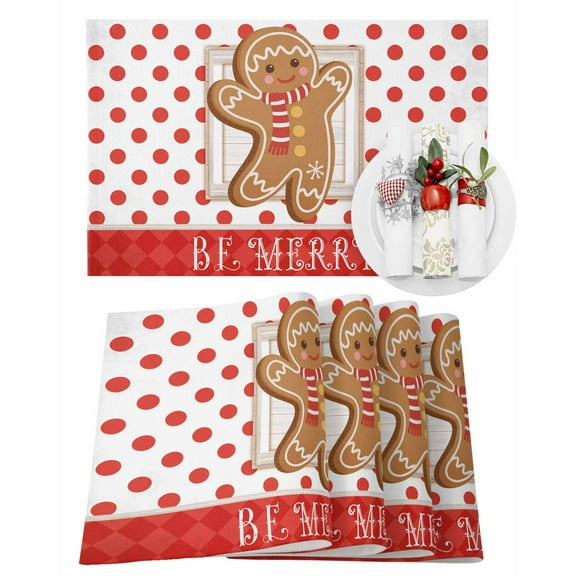 Christmas Placemats Set of 4, Gingerbread Man Place Mats Red Polka Dot Wood Grain Placemat Table Decoration for Kitchen Table Dinner Xmas Holiday Party Home Decor Indoor Outdoor 13x19 Inch