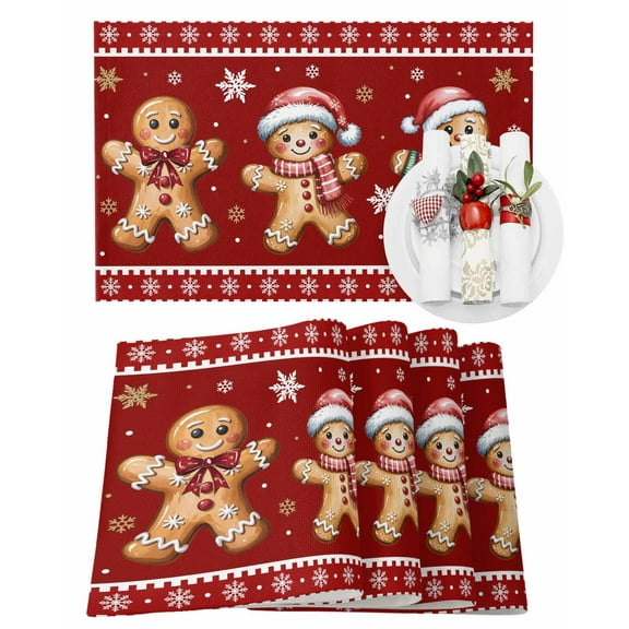 Christmas Placemats Set of 4, Gingerbread Man Place Mats Red Winter Snowflake Placemat Table Decoration for Kitchen Table Dinner Xmas Holiday Party Home Decor Indoor Outdoor 13x19 Inch