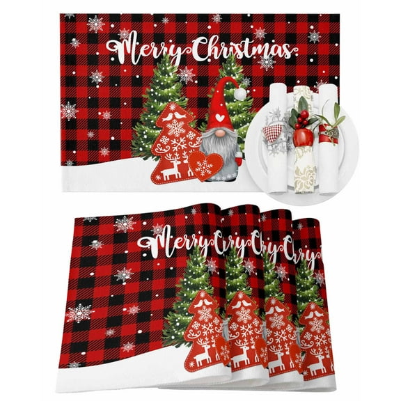 Christmas Placemats Set of 4, Gnome Xmas Tree Place Mats Snowflake Red Black Buffalo Plaid Placemat Table Decoration for Kitchen Table Dinner Xmas Holiday Party Home Decor Indoor Outdoor 13x19 Inch