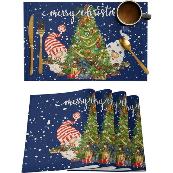 Christmas Placemats Set of 4, Gnome Xmas Tree Placemat for Dining Table Decorations, Cotton Linen Snowflake Blue Place Mats, Xmas Table Mats for Kitchen Dinner Holiday Party Decor Gift