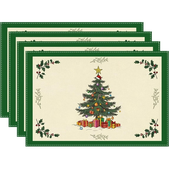 Christmas Placemats Set of 4,Green Xmas Tree Design 12x18 Inch Linen Table Placemats for Christmas Dinner Party Holiday Home Kitchen Dining Table Decorations