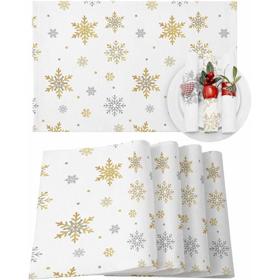 Christmas Placemats Set of 4 Grey Gold Snowlfake Christmas Placemats for Dining Table White Background Table Mat Winter Holiday Home Party Kitchen Table Decorations