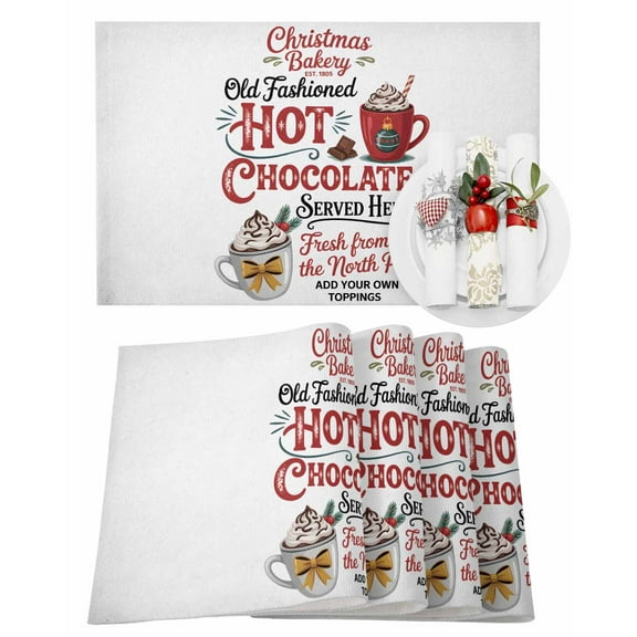 Christmas Placemats Set of 4, Hot Chocolate Place Mats Winter Funny Quote Placemat Table Decoration for Kitchen Table Dinner Xmas Holiday Party Home Decor Indoor Outdoor 13x19 Inch