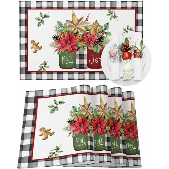 Christmas Placemats Set of 4 Jar Poinsettia Berry Bell Christmas Placemats for Dining Table Black Buffalo Plaid Table Mat Winter Holiday Home Party Kitchen Table Decorations