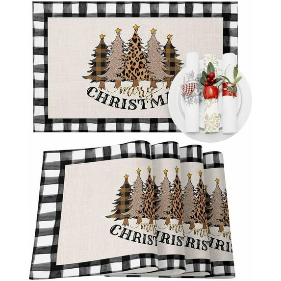 Christmas Placemats Set of 4 Leopard Print Xmas Tree Christmas Placemats for Dining Table Black Buffalo Plaid Table Mat Winter Holiday Home Party Kitchen Table Decorations