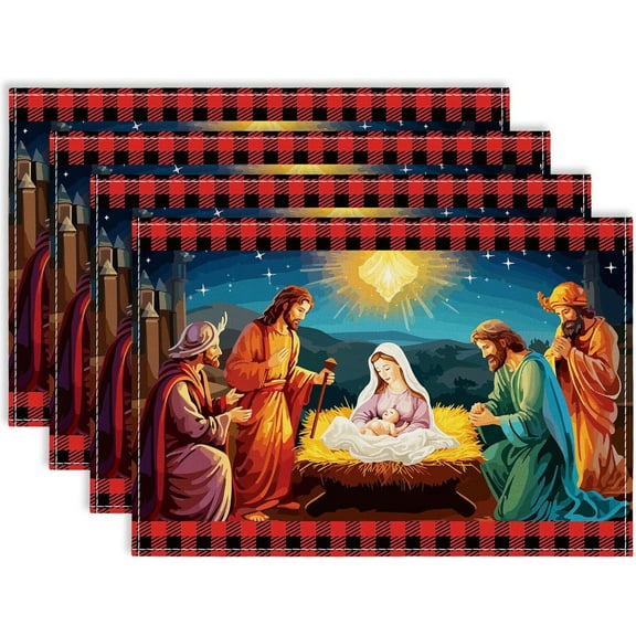 Christmas Placemats Set of 4, Merry Christmas Nativity Table Mats Kitchen Mat for Dining Table, Washable Linen Xmas Holy Night Dining Place Mat Table Decoration for Holiday Decor, 12 x 18inch