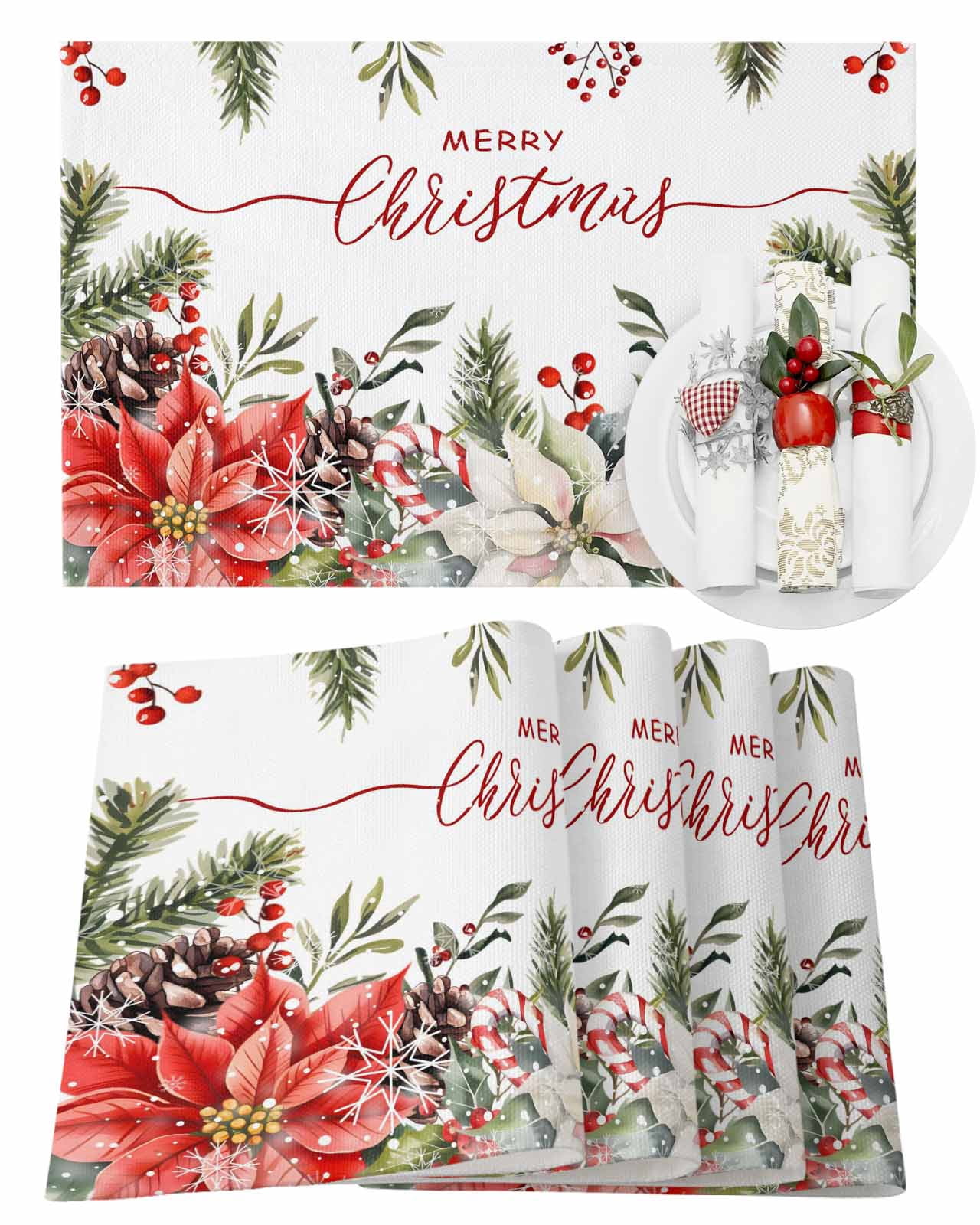 Christmas Placemats Set of 4, Merry Christmas Poinsettia Place Mats ...