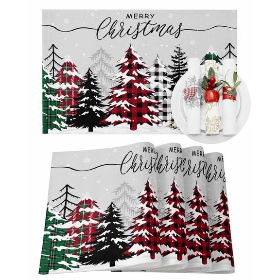 Christmas Placemats Set of 4, Merry Christmas Tree Place Mats Check Plaid Xmas Tree Snowflake Gray Placemat Table Decoration for Kitchen Table Dinner Xmas Party Decor Indoor Outdoor 13x19 Inch