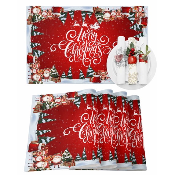 Christmas Placemats Set of 4, Merry Christmas Tree Place Mats Santa Claus Reindeer Placemat Table Decoration for Kitchen Table Dinner Xmas Holiday Party Home Decor Indoor Outdoor 13x19 Inch