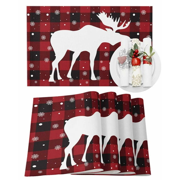 Christmas Placemats Set of 4, Moose Reindeer Place Mats Red Buffalo Check Plaid Snowflake Placemat Table Decoration for Kitchen Table Dinner Xmas Holiday Party Home Decor Indoor Outdoor 13x19 Inch