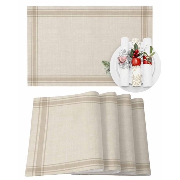 Christmas Placemats Set of 4, Pine Cones Branches Place Mats Brown Stripes Linen Placemat Table Decoration for Kitchen Table Dinner Xmas Holiday Party Home Decor Indoor Outdoor 13x19 Inch
