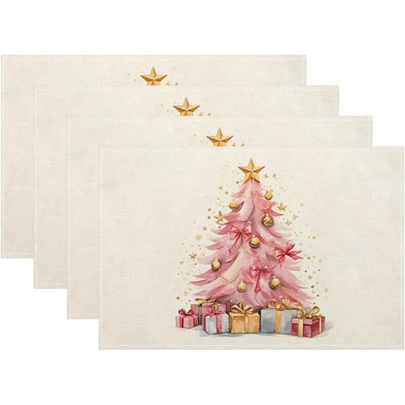 Christmas Placemats Set of 4, Pink Christmas Tree Bell Gift Place Mats Xmas Table Mat Placemat Heat Resistant Non Slip Line for Holiday Decor 18" x 12"