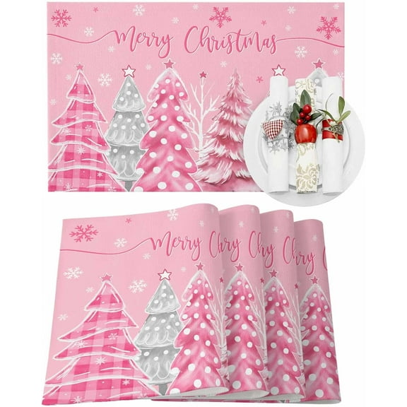 Christmas Placemats Set of 4 Pink Christmas Tree Christmas Placemats for Dining Table Buffalo Plaid Pine Tree Snow Table Mat Winter Holiday Home Party Kitchen Table Decorations