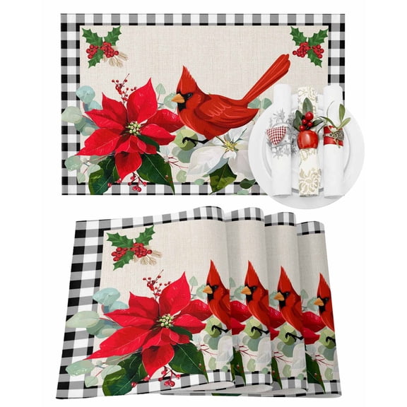 Christmas Placemats Set of 4, Poinsettia Cardinal Bird Place Mats Berry Holly Black Plaid Placemat Table Decoration for Kitchen Table Dinner Xmas Holiday Party Home Decor Indoor Outdoor 13x19 Inch