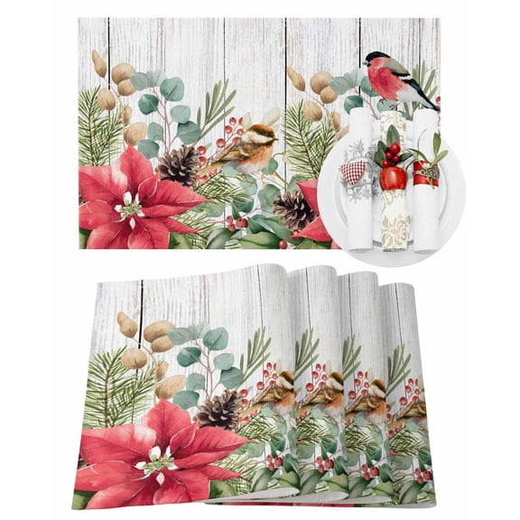 Christmas Placemats Set of 4, Poinsettia Cardinal Bird Place Mats Eucalyptus Leaves Pine Cone Berry Wood Placemat Table Decoration for Kitchen Table Dinner Xmas Party Decor Indoor Outdoor 13x19 Inch