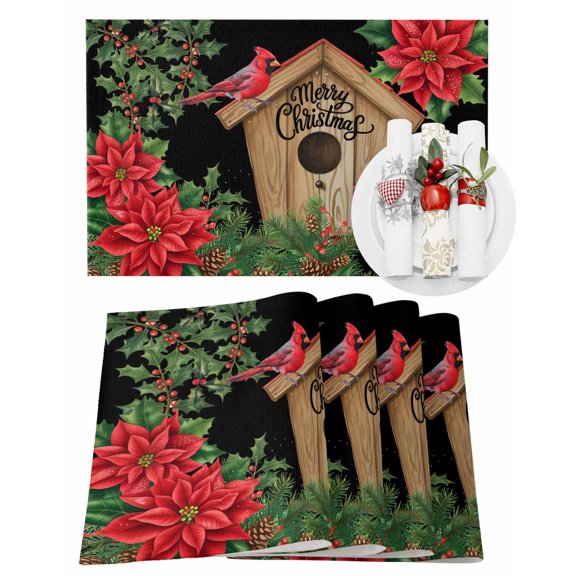 Christmas Placemats Set of 4, Poinsettia Cardinal Bird Place Mats Holly Berry Pine Cone Black Placemat Table Decoration for Kitchen Table Dinner Xmas Holiday Party Decor Indoor Outdoor 13x19 Inch