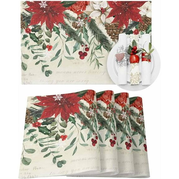 Christmas Placemats Set of 4 Poinsettia Christmas Placemats for Dining Table Holly Berry Pine Cones Table Mat Winter Holiday Home Party Kitchen Table Decorations