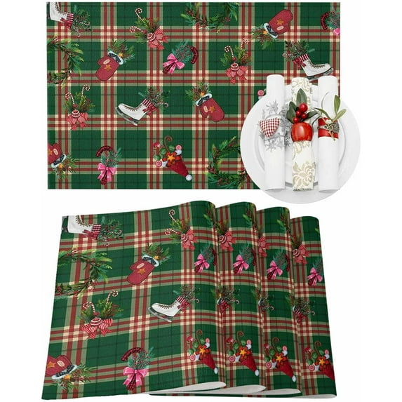 Christmas Placemats Set of 4 Red Berries Christmas Wreath Christmas Placemats for Dining Table Ice Skating Green Plaid Table Mat Winter Holiday Home Party Kitchen Table Decorations