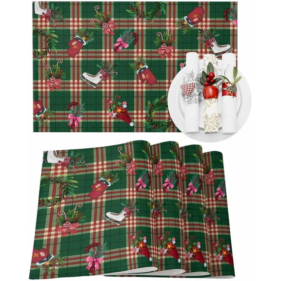Christmas Placemats Set of 4 Red Berries Christmas Wreath Christmas Placemats for Dining Table Ice Skating Green Plaid Table Mat Winter Holiday Home Party Kitchen Table Decorations