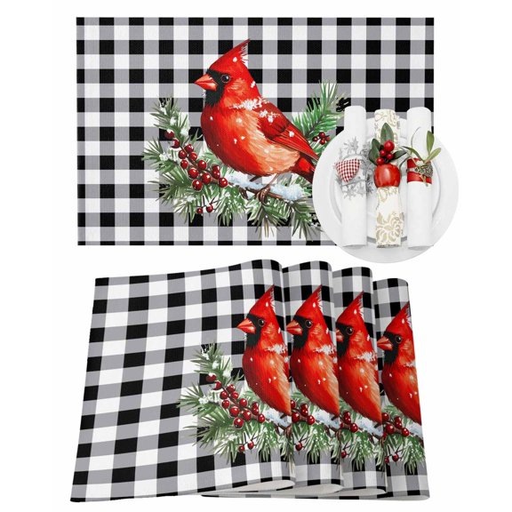 Christmas Placemats Set of 4, Red Cardinal Bird Place Mats Holly Berry Black Buffalo Plaid Placemat Table Decoration for Kitchen Table Dinner Xmas Holiday Party Home Decor Indoor Outdoor 13x19 Inch