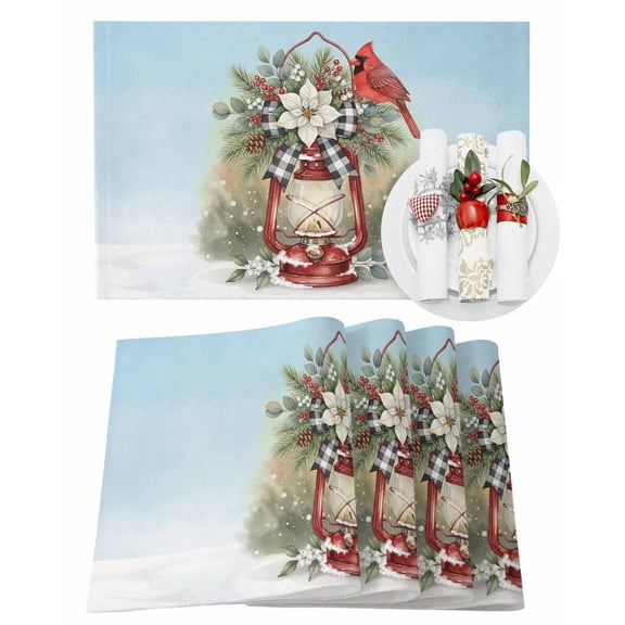 Christmas Placemats Set of 4, Red Light Cardinal Bird Place Mats Poinsettia Holly Berry Placemat Table Decoration for Kitchen Table Dinner Xmas Holiday Party Home Decor Indoor Outdoor 13x19 Inch
