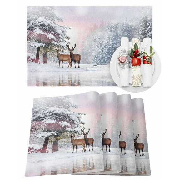 Christmas Placemats Set of 4, Reindeer Xmas Tree Place Mats Snowy Winter Lake Placemat Table Decoration for Kitchen Table Dinner Xmas Holiday Party Home Decor Indoor Outdoor 13x19 Inch