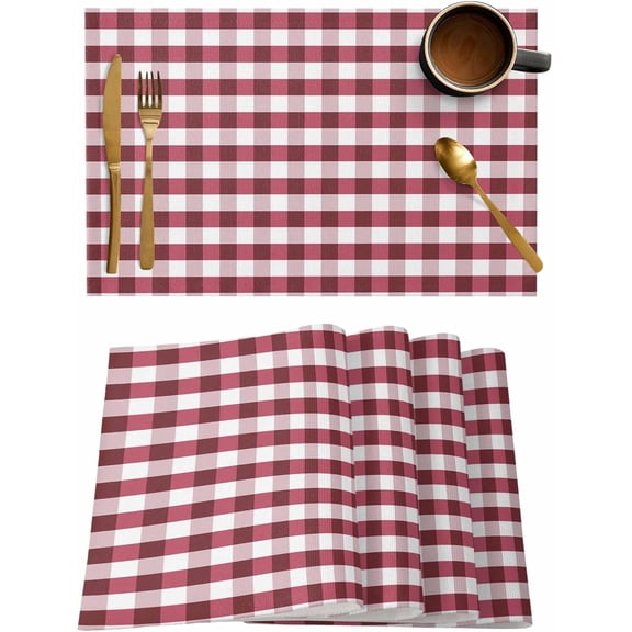 Christmas Placemats Set of 4, Rustic Burgundy White Buffalo Check Plaid Pattern Heat Resistant Washable Table Place Mats Farmhouse Table Linens Party Holiday Decor for Kitchen Dining Outdoor Indoor