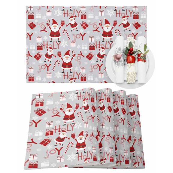 Christmas Placemats Set of 4, Santa Claus Gift Box Place Mats Snowflake Candy Cane Joy Placemat Table Decoration for Kitchen Table Dinner Xmas Holiday Party Home Decor Indoor Outdoor 13x19 Inch