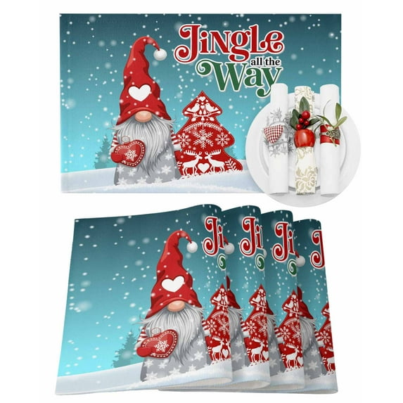Christmas Placemats Set of 4, Santa Claus Gnome Place Mats Deer Xmas Tree Love Heart Snowflake Placemat Table Decoration for Kitchen Table Dinner Xmas Holiday Party Decor Indoor Outdoor 13x19 Inch