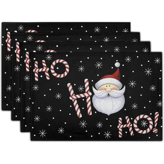 Christmas Placemats Set of 4, Santa Claus Laugh Winter Snowflake Black Table Mat 12x18 Inch, Xmas Sweet Candy Cane Stick Heat Resistant Washable Place Mats for Dining Kitchen Holiday Decor