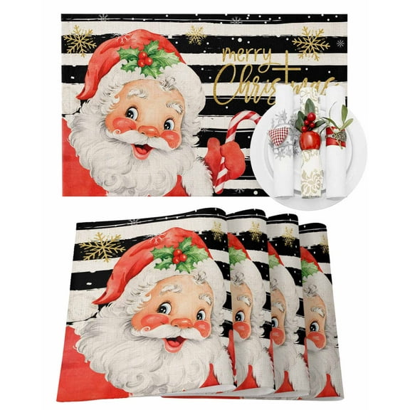 Christmas Placemats Set of 4, Santa Claus Place Mats Gold Snowflake Black Stripes Placemat Table Decoration for Kitchen Table Dinner Xmas Holiday Party Home Decor Indoor Outdoor 13x19 Inch