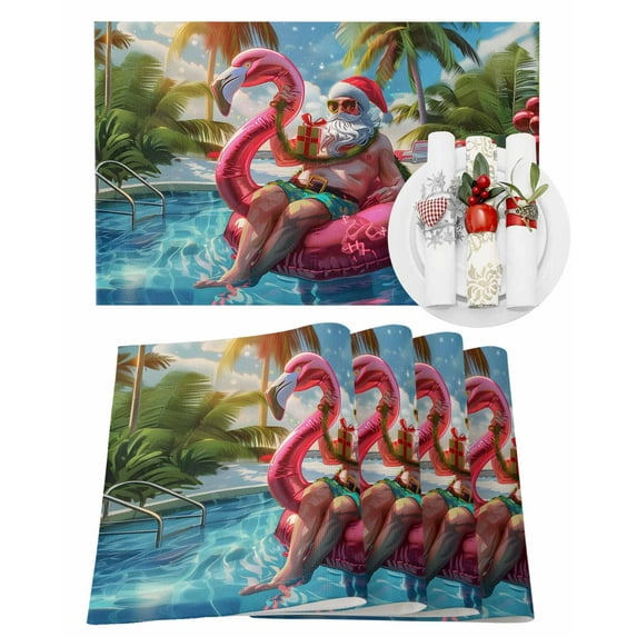 Christmas Placemats Set of 4, Santa Claus Place Mats Pool Palm Tree Beach Placemat Table Decoration for Kitchen Table Dinner Xmas Holiday Party Home Decor Indoor Outdoor 13x19 Inch