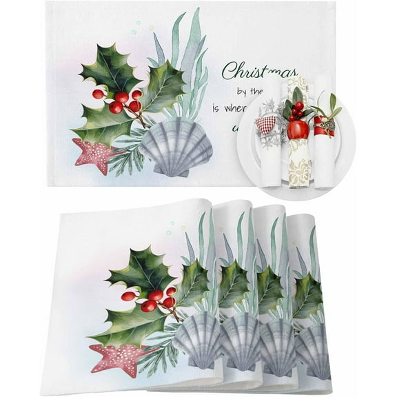 Christmas Placemats Set of 4 Seashell Starfish Christmas Placemats for Dining Table Christmas Berry Leaf Table Mat Winter Holiday Home Party Kitchen Table Decorations