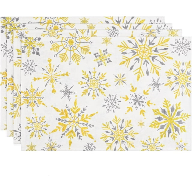 Christmas Placemats Set of 4, Snowflake Decorations White Gold