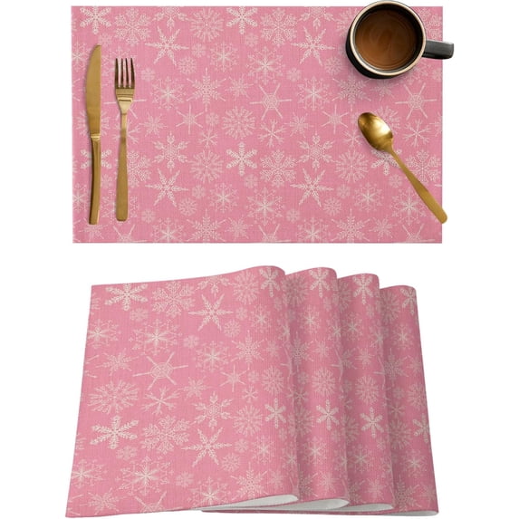 Christmas Placemats Set of 4, Snowflake Placemat for Dining Table Decorations, Cotton Linen Pink Place Mats, Xmas Table Mats for Kitchen Dinner Holiday Party Decor Gift