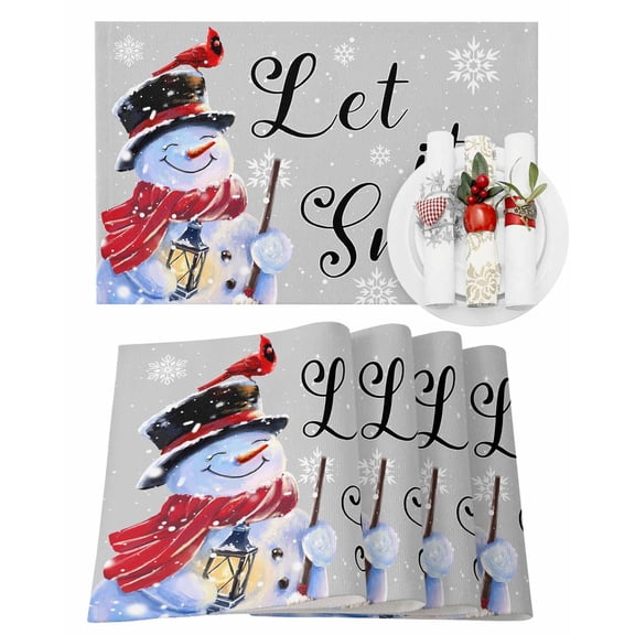 Christmas Placemats Set of 4, Snowman with Cardinal Bird Place Mats Snowflake Gray Placemat Table Decoration for Kitchen Table Dinner Xmas Holiday Party Home Decor Indoor Outdoor 13x19 Inch