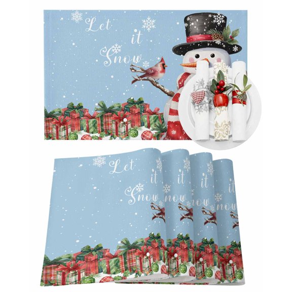 Christmas Placemats Set of 4, Snowman Cardinal Bird Place Mats Winter Snowflake Blue Placemat Table Decoration for Kitchen Table Dinner Xmas Holiday Party Home Decor Indoor Outdoor 13x19 Inch