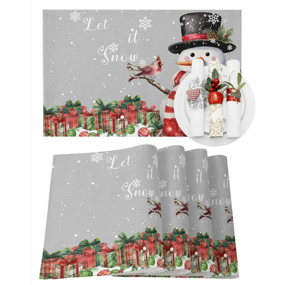 Christmas Placemats Set of 4, Snowman Cardinal Bird Place Mats Winter Snowflake Grey Placemat Table Decoration for Kitchen Table Dinner Xmas Holiday Party Home Decor Indoor Outdoor 13x19 Inch