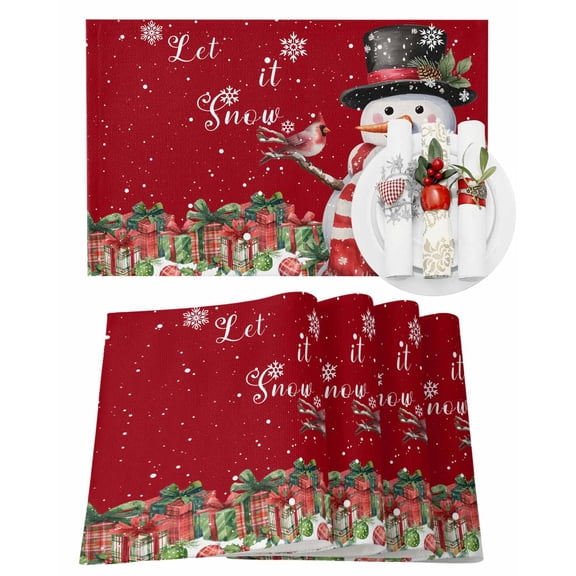 Christmas Placemats Set of 4, Snowman Cardinal Bird Place Mats Winter Snowflake Red Placemat Table Decoration for Kitchen Table Dinner Xmas Holiday Party Home Decor Indoor Outdoor 13x19 Inch